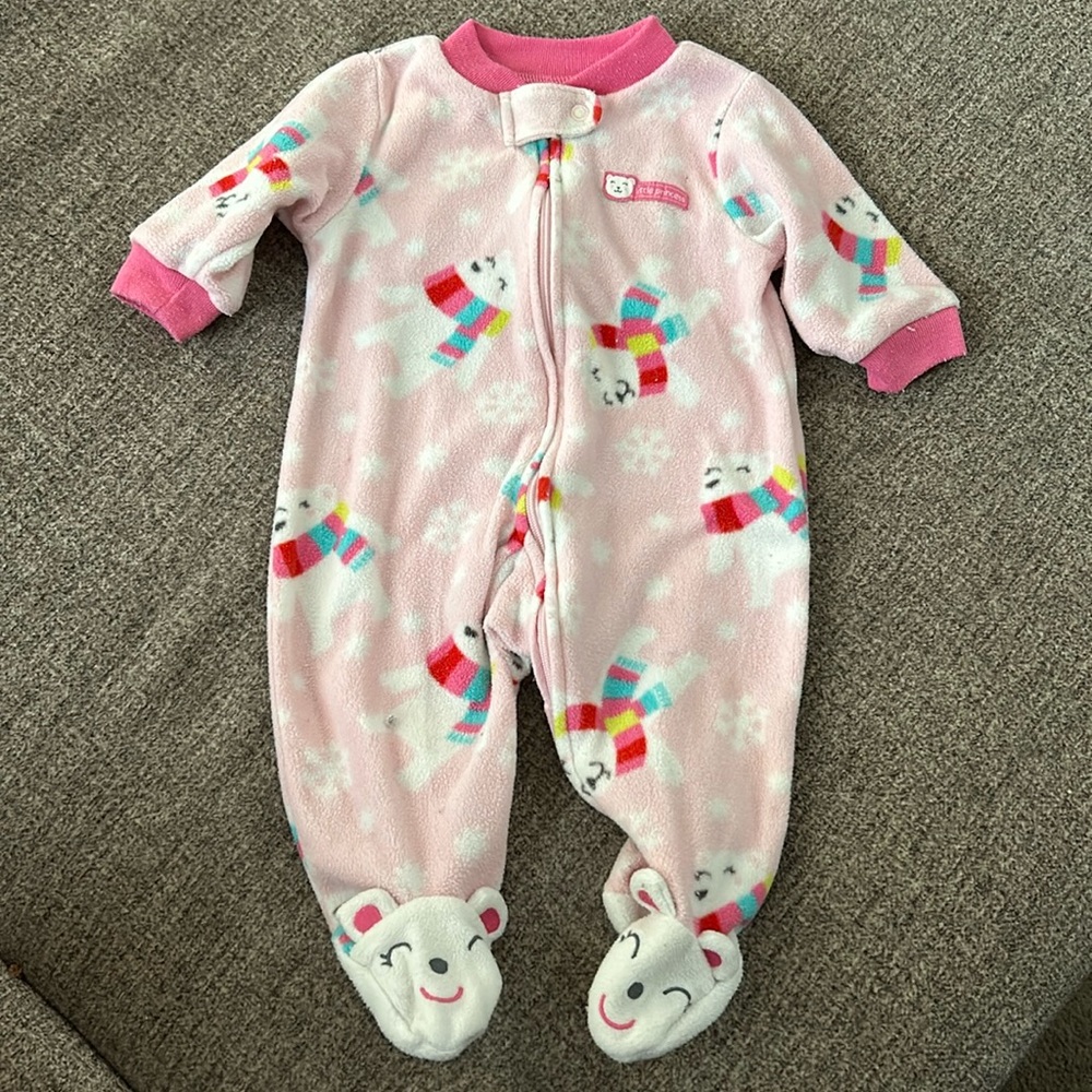 🌺 Carters pink polar bear Christmas Holiday Winter Fleece Sleeper size 3 months